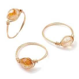 Oval Natural Citrine Finger Rings, Copper Wire Wrapped Finger Rings for Women