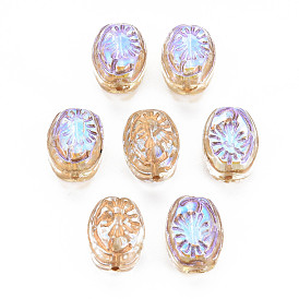 Electroplate Transparent Spray Painted Glass Beads, Half Plated, Oval with Leaf Pattern