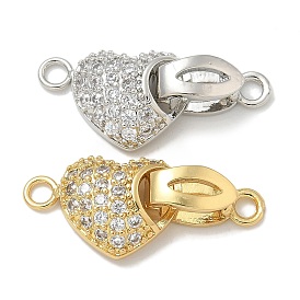 Rack Plating Heart Brass Fold Over Clasps, with Micro Pave Clear Cubic Zirconia, Cadmium Free & Lead Free, Long-Lasting Plated