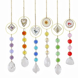 Glass Teardrop/Horse Eye Prisms Suncatchers Hanging Ornaments, with Alloy Flower/Heart/Rhombus, for Home, Garden Decoration