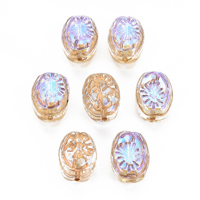 Electroplate Transparent Spray Painted Glass Beads, Half Plated, Oval with Leaf Pattern