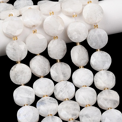 Бусины из натурального радужного лунного камня, плоско-круглые, граненый шестиугольный разрез, с бисером