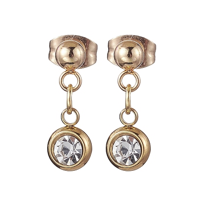 Flat Round 201 Stainless Steel Rhinestone Stud Dangle Earrings for Women, with 304 Stainless Steel Pin, Flat Round