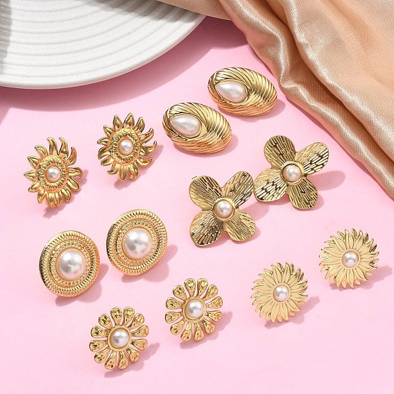 201 из нержавеющей стали серьги, с 304 штифтом из нержавеющей стали и имитацией жемчуга из АБС-пластика, вакуумное покрытие pvd