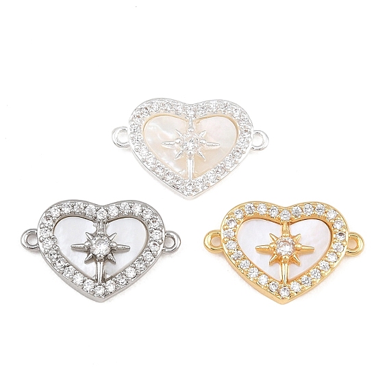 Dijes de conector de zirconia cúbica transparente con micro pavé de latón, corazón con enlaces de la estrella polar, con cáscara natural, chapado en rack, larga duración plateado
