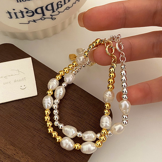 Браслеты из латунных круглых бусин с натуральным пресноводным жемчугом