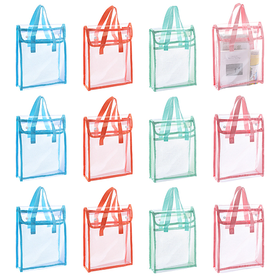12 pièces 4 couleurs Sacs d'emballage en plastique transparent avec poignées et boutons-pression, rectangle