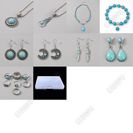 Synthetic Turquoise Pendant Necklace & Stretch Bracelets & Dangle Earrings & Ring Jewelry Sets, with Alloy Findings