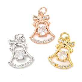 Rack Plating Brass Micro Pave Clear Cubic Zirconia Pendants, Long-Lasting Plated, with Jump Rings, Lead Free & Cadmium Free, Christmas Bell