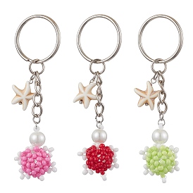 3Pcs 3 Colors Tortoise Glass Seed Beads Pendant Keychain, Starfish Synthetic Turquoise Charms and Iron Split Key Rings for Key Bag Ornaments