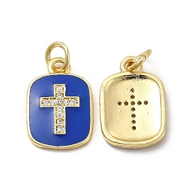 Brass Micro Pave Cubic Zirconia Pendants, with Enamel & Jump Ring, Rectangle with Religion Cross Charm, Golden