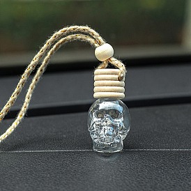 Skull Glass Empty Refillable Car Perfume Bottle, Car Hanging Fragrance Essential Oil Diffuser Bottle Pendants Decor, with Wood Cap