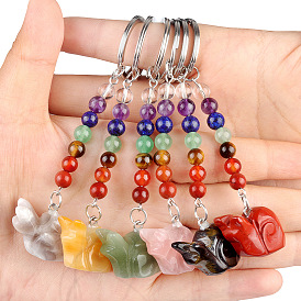 Gemstone Keychain, with Quartz Crystal, Amethyst, Lapis, Aventurine, Red Agate, Red Jasper, Snail