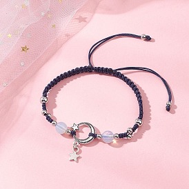 Сплав звезда шарм браслеты, плетеные браслеты из опаловых бусин для женщин, с нейлоновой нитью