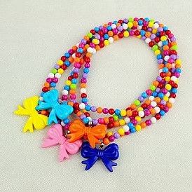 Fashion Acrylic Necklaces for Kids, Stretch Necklaces, with Acrylic Bowknot Pendants and Tibetan Style Hangers, 18 inch 