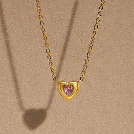 18K Gold Stainless Steel Heart Pendant Necklace with Pink Cubic Zirconia - Unique Summer Jewelry