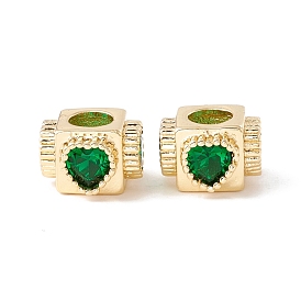 Rack Plating Brass Micro Pave Cubic Zirconia European Beads, Large Hole Beads, Long-Lasting Plated, Cadmium Free & Lead Free, Cube with Heart