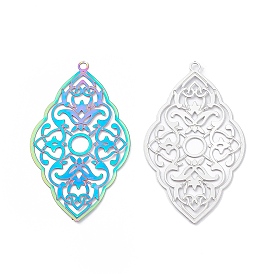304 Stainless Steel Pendants, Etched Metal Embellishments, Rhombus with Flower Charm
