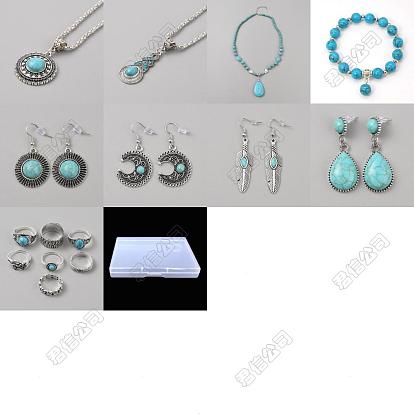 Synthetic Turquoise Pendant Necklace & Stretch Bracelets & Dangle Earrings & Ring Jewelry Sets, with Alloy Findings