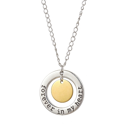 304 Stainless Steel and Alloy Round With Word Forever In My Heart Pendants Necklace, Brass Curb Chains Necklaces