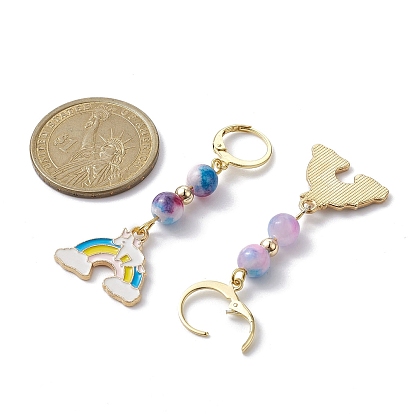 Rainbow Natural White Jade(Dyed) Hoop Earrings, Alloy Dangle Earrings for Women