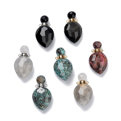 Natural Mixed Gemstone Perfume Bottle Pendants, with Brass Findings, Faceted, Oval