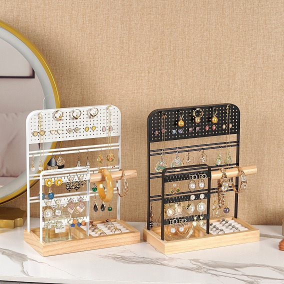 Железные стойки для ювелирных изделий, органайзер для украшений с деревянным подносом, для браслетов ожерелий колец серег