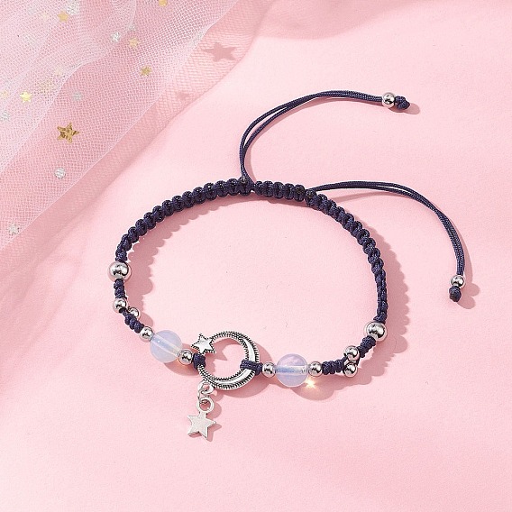 Сплав звезда шарм браслеты, плетеные браслеты из опаловых бусин для женщин, с нейлоновой нитью
