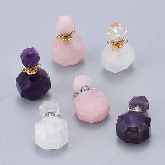 Faceted Natural Gemstone Openable Perfume Bottle Pendants, with 304 Stainless Steel Findings, Bottle