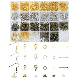 Kit de búsqueda de fabricación de joyas de bricolaje, incluidos cierres de pinza de langosta de aleación de zinc, ganchos para aretes de hierro y pasador de ojo de tornillo ganchos de clavija y anillos de salto y alfileres de cabeza plana, Latón chafas, tuercas de oreja