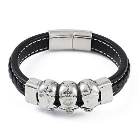 Braided Microfiber Leather Cord Bracelets, with 304 Stainless Steel Magnetic Clasps, Skull Head