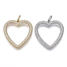 Brass Micro Pave Cubic Zirconia Pendants, with Jump Ring, Heart, Nickel Free, Real Platinum Plated, Clear