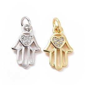 Brass Micro Pave Cubic Zirconia Palm Charms, with Jump Ring, Hamsa Hand with Heart Charm