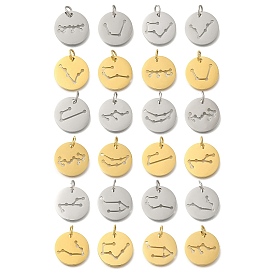 Ion Plating(IP) 304 Stainless Steel Pendants, with Jump Ring, Laser Cut, Flat Round with Constellation Charm