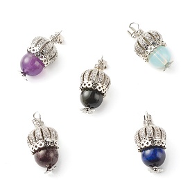 Natural & Synthetic Gemstone Pendants, with Brass Micro Pave Cubic Zirconia Beads, 304 Stainless Steel Snap On Bails, Ball Head Pins & Beads Caps, Crown with Round