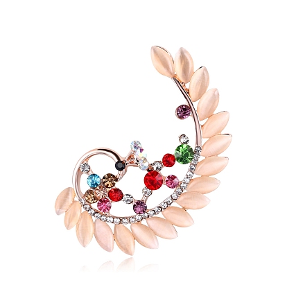 Alloy Brooch, with Cat Eye and Rhinestone, Peacock