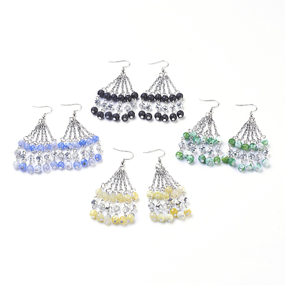Pendientes colgantes de piedras preciosas naturales, con 304 cadena de acero inoxidable y cuenta de vidrio, con los ganchos del pendiente de bronce
