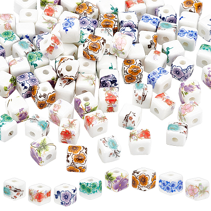 80pcs 8 brins de perles en céramique et porcelaine faites à la main de style, fleur imprimée, cube