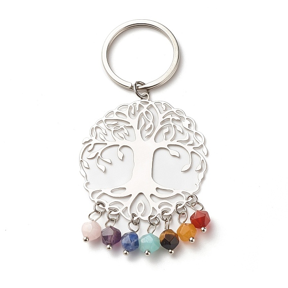 201 Stainless Steel Filigree Pendants Keychains, with 7 Color Faceted Gemstone Beads, 304 Stainless Steel Split Key Rings & Open Jump Rings, Tree of Life