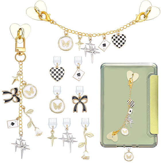 9Ensembles de bouchons anti-poussière en PVC et de supports de téléphone portable en fer, avec pendentifs en alliage et émail, formes mixtes, or