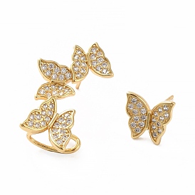 Cubic Zirconia Butterfly Asymmetrical Earrings, Rack Plating Real 18K Gold Plated Brass Stud Earrings with Ear Cuff for Women, Lead Free & Cadmium Free