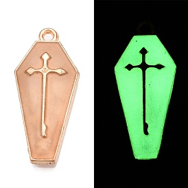 Halloween Theme Rack Plating Luminous Alloy Enamel Pendants, Glow in the Dark, Coffin with Cross Charm