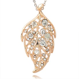 Alloy Rhinestone Leaf Big Pendants, Golden, 77x39x5mm, Hole: 5mm