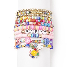 11Pcs 10 Style Synthetic Turquoise(Dyed) & Hematite & Millefiori Glass Stretch Bracelets Set with Word Happy Beaded, Sunflower & Cloud Charms Stackable Bracelets, Polymer Clay Preppy Jewelry for Women