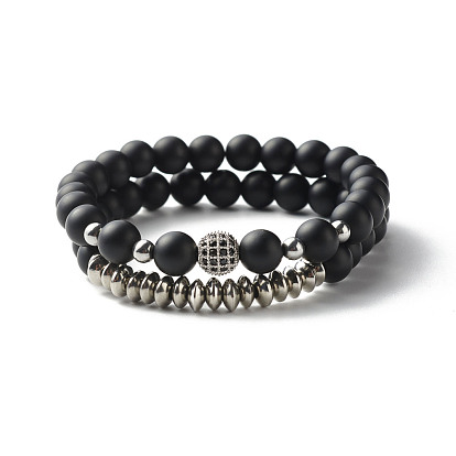 Energy Power Synthetic Black Stone & Synthetic Hematite Beads Stretch Bracelets Set for Men Women, Round Brass Cubic Zirconia Beads Bracelets