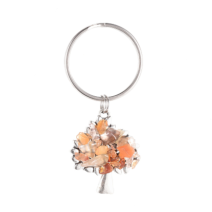 Chip Gemstone Keychain, with Antique Silver Plated Alloy Pendants and 316 Surgical Stainless Steel Split Key Rings, Tree