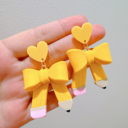 Handmade Polymer Clay & 304 Stainless Steel Stud Dangle Earrings, Pencil Bowknot & Heart, Golden