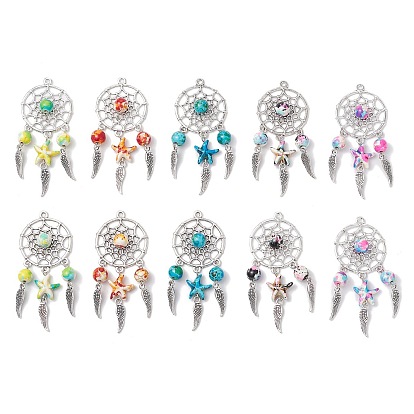 Тканая сетка / паутина с подвесками из перьевого сплава, с подвесками из синтетических бирюзовых бусин