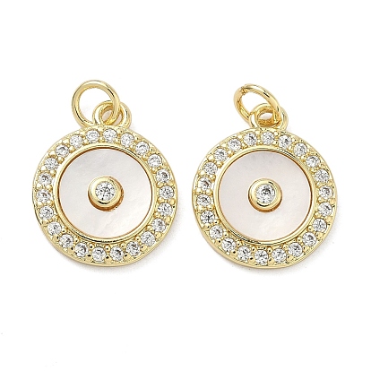 Латунные микро проложить кубического циркония подвески, плоские круглые прелести, с раковиной и прыгать кольцо