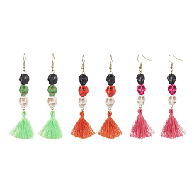 3 Pairs 3 Colors Halloween Skull Synthetic Dyed Turquoise Dangle Earrings, Handmade Polycotton(Polyester Cotton) Tassel Earrings for Women